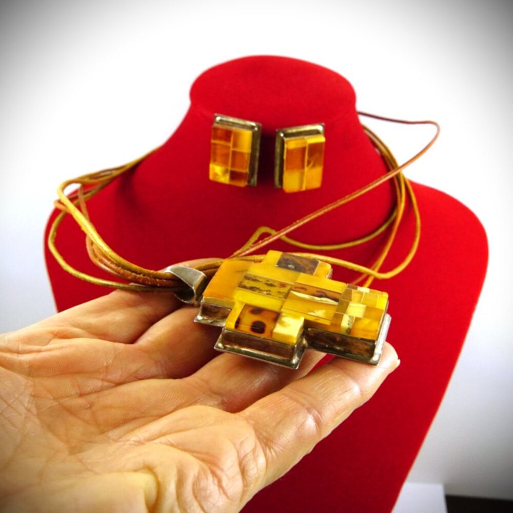 925 Silver and Mosaic Baltic Amber Set: Cross, Earrings, Multi Leather Cord - Picture 9 of 13